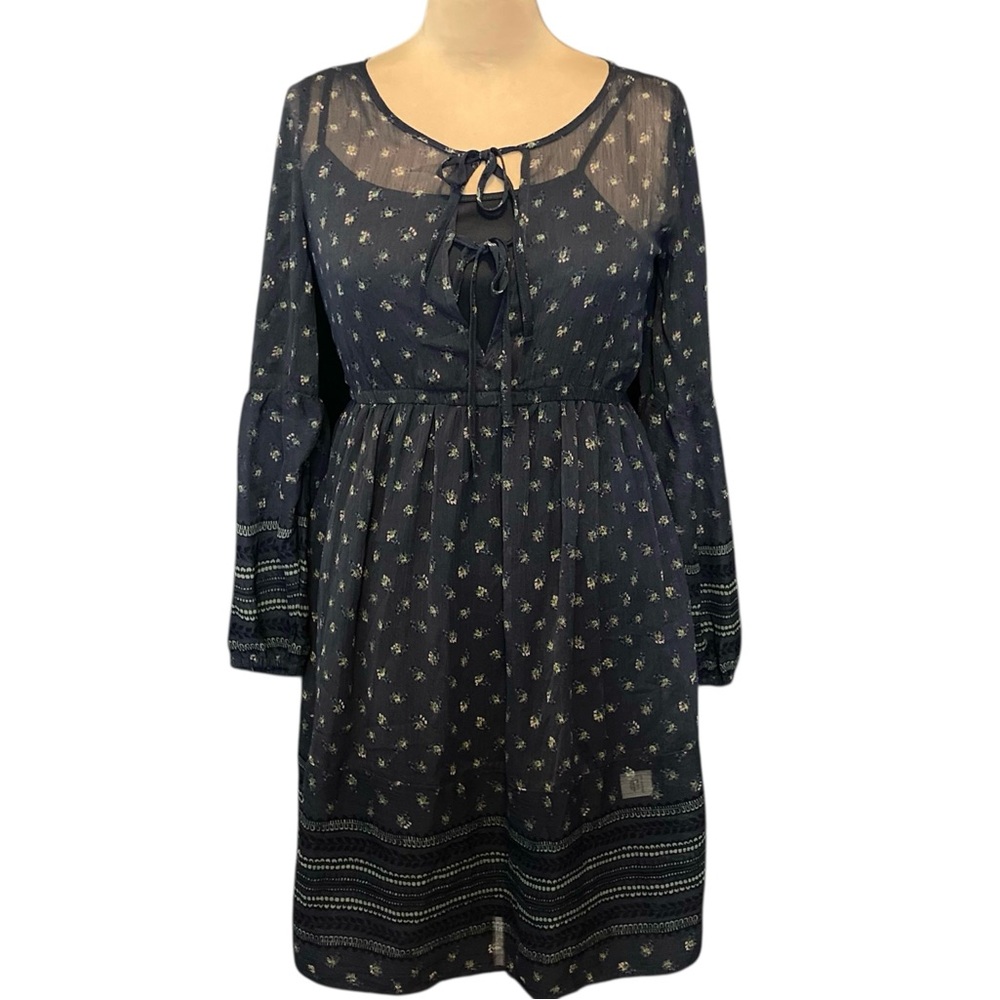 Mudd Sheer‎ Long Sleeved Midi Dress in Navy Print with Matching Slip